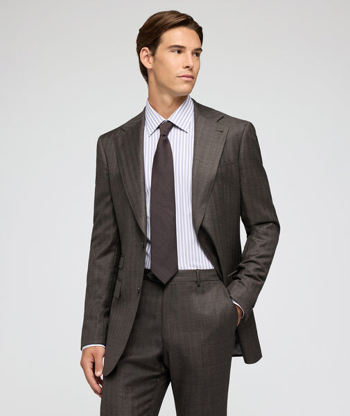 Brown twill wool suit with lilac stripe