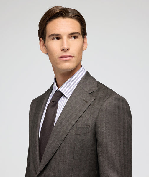 Brown twill wool suit with lilac stripe
